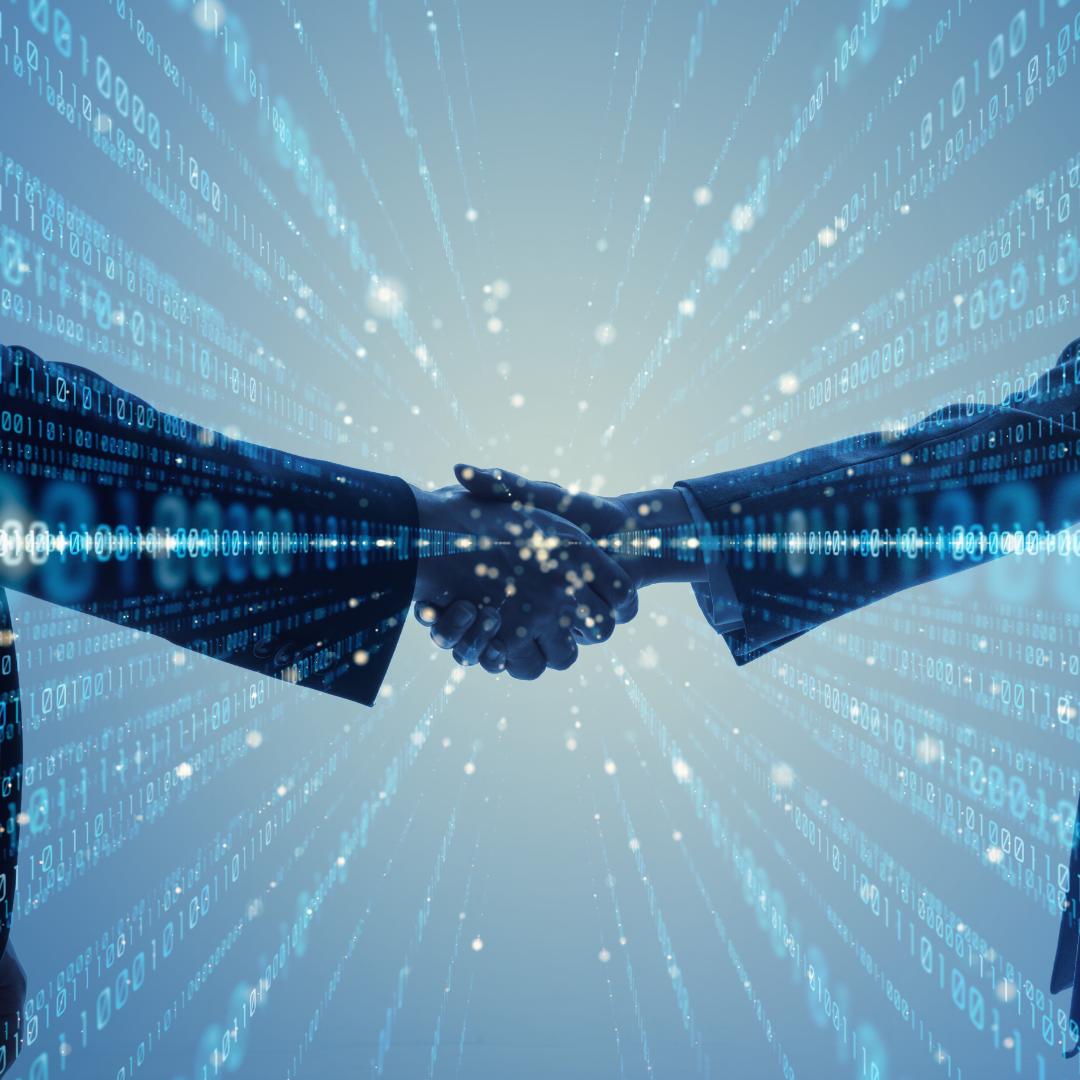 Two business professionals shaking hands through digital code, symbolizing AI-driven M&A strategy in 2025